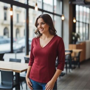 NWT The Modern Abstract x Stitch Fix V- Neck‎ Top in Crimson Red Ponte Peplum